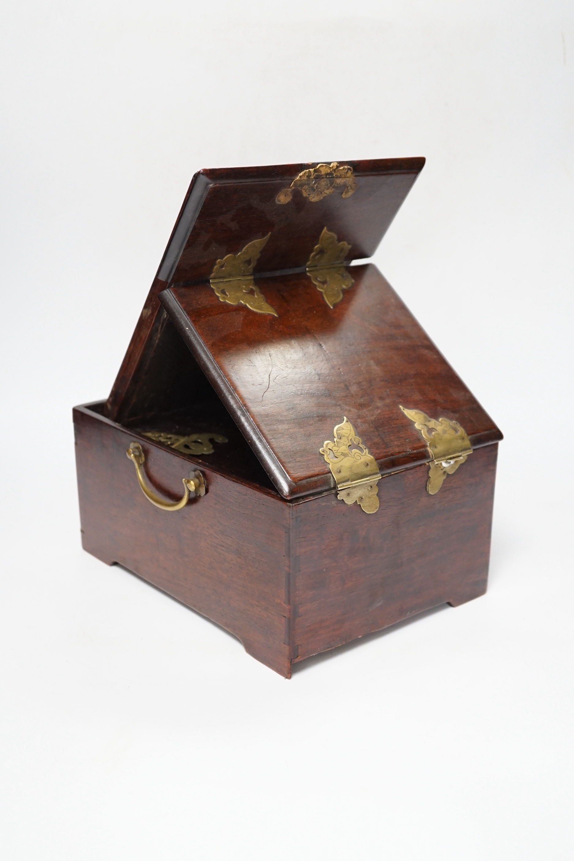 A Chinese brass mounted two-handled hardwood dressing table box. 24 x 18 x 12cm